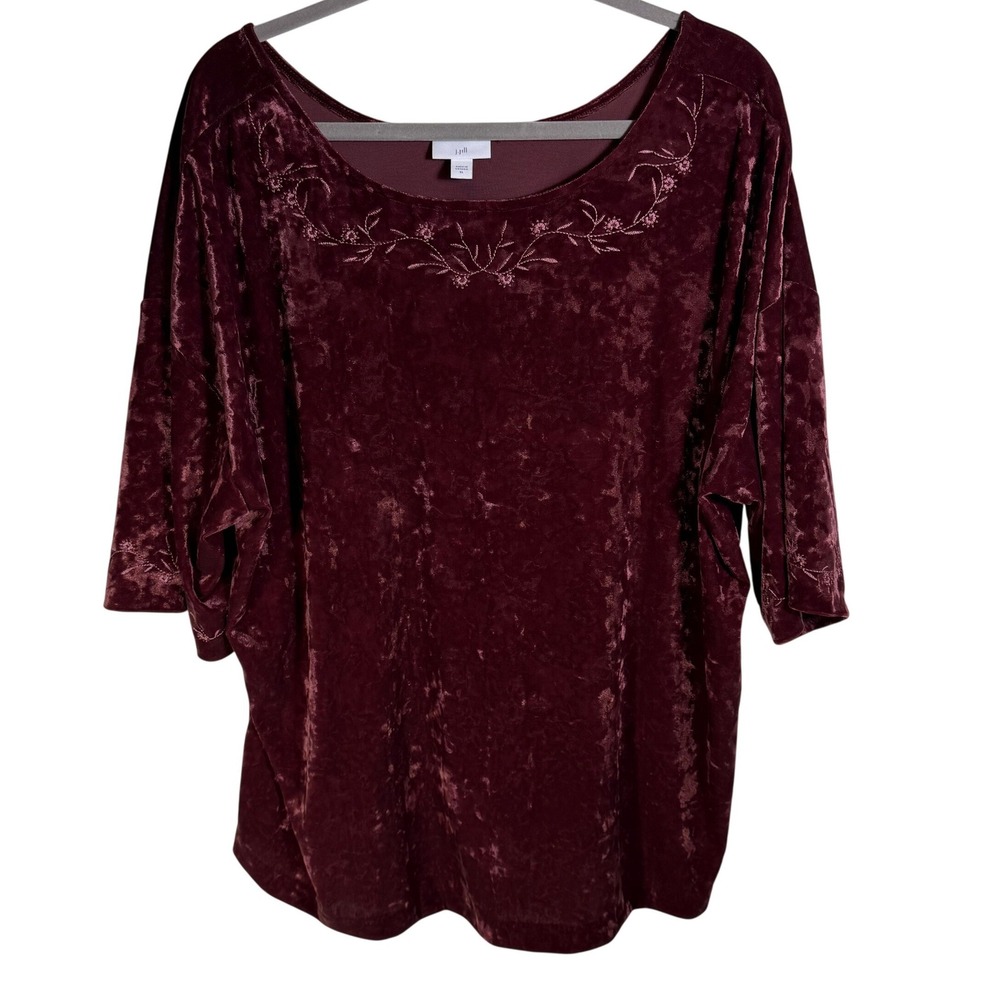 J. Jill Womens XL Burgundy Crushed Velvet Embroidered Boxy Top Elbow Sleeve
